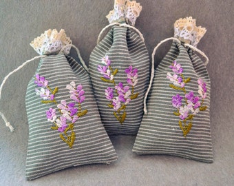 Linen lavender bag with flower lilacs embroidery, Gift bag, Pouch with laces, Home fragrance sachet