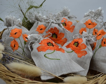 Set of 10 Gray Linen Lavender Bags With Californian Poppy Embroidery Gift Bag