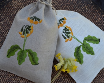 White Gray Natural Linen Gift Herb Present Wedding Bag With Cowslip Embroidery