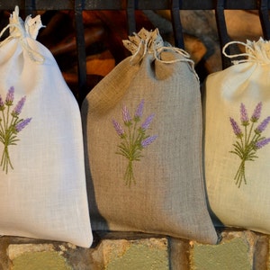 White Gray Beige Natural Linen Gift Herb Present Wedding Bag With Lavender Embroidery