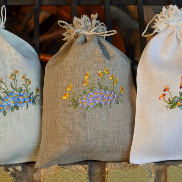 White Gray Beige Natural Linen Gift Herb Present Wedding Bag With Field Flower Embroidery