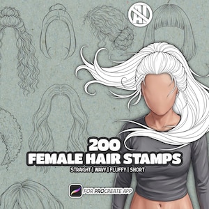 May include: A digital collection of 200 female hair stamps for the Procreate app, featuring various line art illustrations of hairstyles including wavy, curly, and straight textures, displayed alongside a central character with long hair.