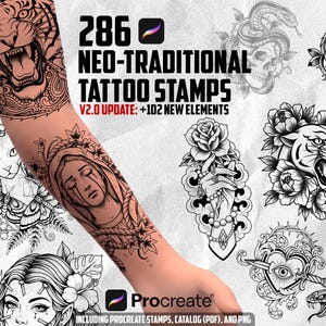 286 tampons de tatouage néo-traditionnels pour procréer + catalogue intelligent (PDF et PNG inclus)