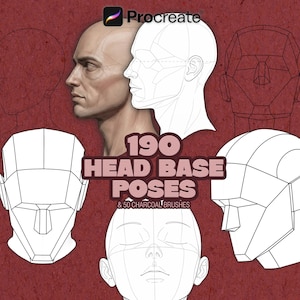 190 huvudbaspositioner för Procreate | Referensstämplar för ansikte och huvudanatomi | Ritguide