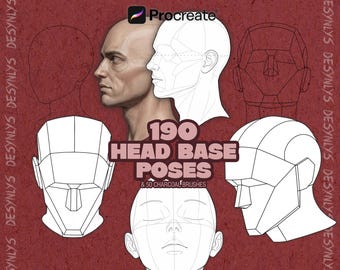 190 poses de base de cabeza para Procreate / Sellos de referencia de anatomía facial y de cabeza / Guía de dibujo