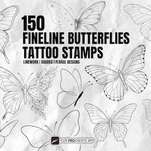 Puede incluir: Una colección digital de 150 sellos de tatuaje de mariposas en línea fina con varios diseños de trazos, sombreados y florales. El texto dice 150 FINELINE BUTTERFLIES TATTOO STAMPS, LINEWORK | SHADED | FLORAL DESIGNS y FOR PROCREATE APP.