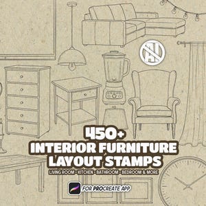 Peut inclure: Une collection de plus de 450 tampons de mise en page de mobilier d'intérieur pour l'application Procreate, avec des illustrations au trait de canapés, chaises, tables, lampes, mixeur, rideaux et horloge sur fond beige avec le texte 450+ INTERIOR FURNITURE LAYOUT STAMPS.