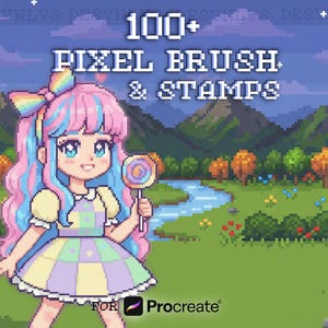 Puede incluir: Ilustración de arte pixelado de una niña con cabello azul y rosa sosteniendo una piruleta. La imagen presenta el texto "100+ Pixel Brush & Stamps" y el logotipo de Procreate. El fondo muestra un paisaje pixelado con montañas, árboles y un río.