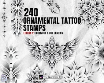 240 Ornamental Dotwork Tattoo Stempel Procreate Brushes Mandala Floral Dekoratives Flash Design Set