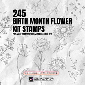 Kit de 245 sellos florales de meses de nacimiento para Procreate / Pinceles de tatuaje de arte lineal floral de enero a diciembre