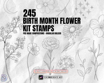 245 Geburtsmonat Blumen Stempel Kit für Procreate | Jan-Dec Floral Line Art Tattoo Pinsel