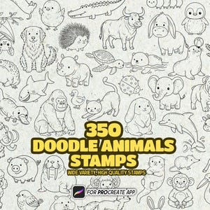 Puede incluir: Una colección digital de 350 sellos de animales tipo garabato para la aplicación Procreate, con ilustraciones de líneas en blanco y negro de varias criaturas, incluyendo un gorila, elefante, jirafa, perro, gato y vida marina.