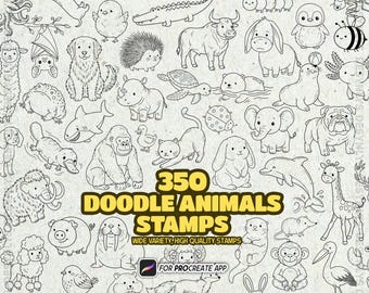 350 Animal Doodle Stamps for Procreate Wildlife Cartoon Brush Bundle Creative Sketch Pack