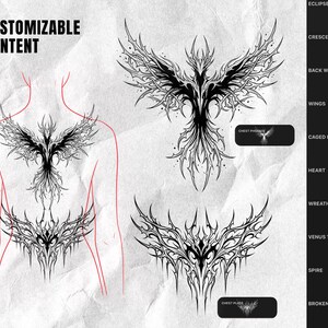 Może przedstawiać: Cyfrowy arkusz projektowy z ilustracjami w stylu czarnego tuszu przedstawiającymi feniksa i napierśnik, z czerwonymi konturami pokazującymi umiejscowienie na tułowiu. Pionowy pasek boczny zawiera etykiety: Eclipse, Crescent, Back Wings, Wings, Caged Heart, Heart, Wreath, Venus Trap, Spire i Broken Halo.