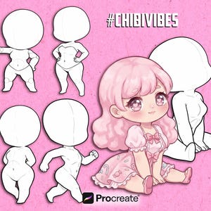Pode incluir: Arte digital com designs de personagens no estilo chibi. A imagem inclui v&aacute;rias poses corporais e uma garota chibi de cabelo rosa totalmente renderizada em um vestido. O texto na imagem diz "#CHIBIVIBES" e "Procreate".