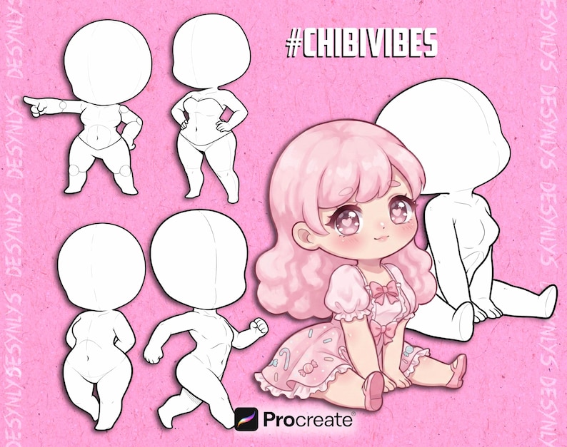Pode incluir: Arte digital com designs de personagens no estilo chibi. A imagem inclui v&aacute;rias poses corporais e uma garota chibi de cabelo rosa totalmente renderizada em um vestido. O texto na imagem diz "#CHIBIVIBES" e "Procreate".