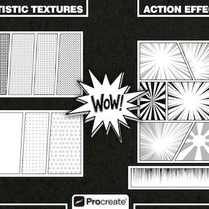 May include: A digital asset collection featuring black and white comic book elements. The left side displays Artistic Textures with dot patterns, while the right side shows Action Effects with radial lines. A central starburst contains the text WOW!.