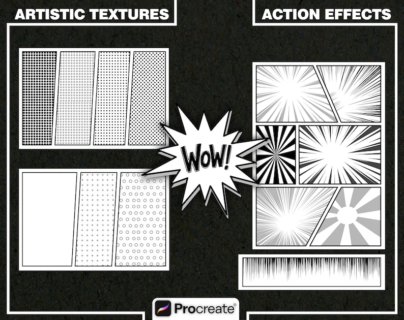 May include: A digital asset collection featuring black and white comic book elements. The left side displays Artistic Textures with dot patterns, while the right side shows Action Effects with radial lines. A central starburst contains the text WOW!.