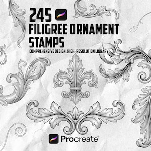May include: A collection of 245 filigree ornament stamps in grayscale, featuring various floral and scroll designs. The image includes the text "245 Filigree Ornament Stamps" and "Comprehensive Design. High-Resolution Library."