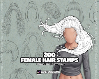 200 Female Hair Stamps for Procreate | Straight Wavy Fluffy Short Hairstyles Brush Set
