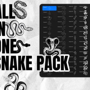 Puede incluir: Una colecci&oacute;n digital de ilustraciones de serpientes titulada ALL IN ONE SNAKE PACK, que presenta varios dise&ntilde;os de serpientes en blanco y negro mostrados en una pantalla de tableta y como gr&aacute;ficos individuales, incluyendo una cobra y serpientes.