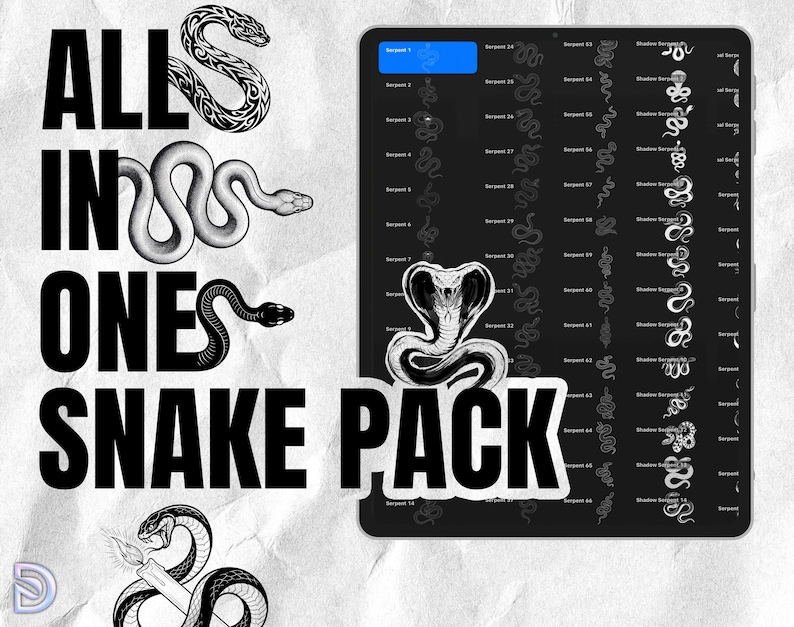 Puede incluir: Una colecci&oacute;n digital de ilustraciones de serpientes titulada ALL IN ONE SNAKE PACK, que presenta varios dise&ntilde;os de serpientes en blanco y negro mostrados en una pantalla de tableta y como gr&aacute;ficos individuales, incluyendo una cobra y serpientes.