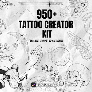 May include: A digital tattoo creator kit featuring over 950 brushes and stamps for the Procreate app. The image displays black and white line art illustrations including a skull, ram skull, sword, dagger, moth, snake, bird, wings, and hands.