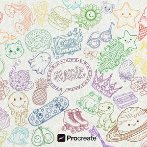 Pode incluir: Uma cole&ccedil;&atilde;o de ilustra&ccedil;&otilde;es de doodle coloridas, incluindo um arco-&iacute;ris, um donut, uma cara de gato, um fantasma e um bal&atilde;o de fala com a palavra "MAGIC". Outras ilustra&ccedil;&otilde;es incluem um skate, patins e um planeta com an&eacute;is.
