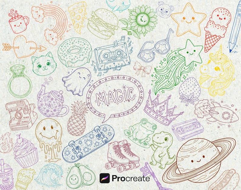 Pode incluir: Uma cole&ccedil;&atilde;o de ilustra&ccedil;&otilde;es de doodle coloridas, incluindo um arco-&iacute;ris, um donut, uma cara de gato, um fantasma e um bal&atilde;o de fala com a palavra "MAGIC". Outras ilustra&ccedil;&otilde;es incluem um skate, patins e um planeta com an&eacute;is.