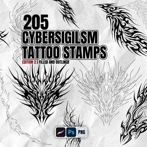 Puede incluir: Una colección digital de 205 sellos de tatuaje Cybersigilism, edición 2, con diseños de tinta negra rellenos y delineados sobre un fondo blanco. El texto dice 205 CYBERSIGILSM TATTOO STAMPS EDITION 2 FILLED AND OUTLINED con iconos Ps y PNG.
