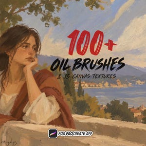 May include: A digital illustration featuring a person leaning on a stone ledge overlooking a coastal landscape. The text reads 100+ OIL BRUSHES & 15 CANVAS TEXTURES. A small icon for the Procreate app is visible at the bottom with the text FOR PROCREATE APP.