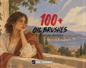 May include: A digital illustration featuring a person leaning on a stone ledge overlooking a coastal landscape. The text reads 100+ OIL BRUSHES & 15 CANVAS TEXTURES. A small icon for the Procreate app is visible at the bottom with the text FOR PROCREATE APP.