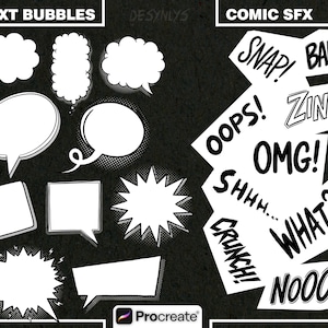 May include: A digital collection of white comic book elements on a black background, featuring various speech bubbles labelled TEXT BUBBLES and sound effect text labelled COMIC SFX, including words like SNAP, BANG, OOPS, ZING, OMG, SHHH, WHAT, CRUNCH, and NOOO.