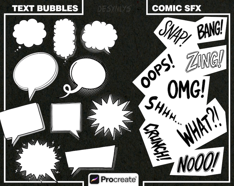 May include: A digital collection of white comic book elements on a black background, featuring various speech bubbles labelled TEXT BUBBLES and sound effect text labelled COMIC SFX, including words like SNAP, BANG, OOPS, ZING, OMG, SHHH, WHAT, CRUNCH, and NOOO.