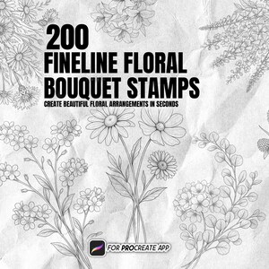 Peut inclure: Une collection numérique de 200 tampons de bouquets floraux en ligne fine pour l'application Procreate, présentant des illustrations en noir et blanc de diverses fleurs et feuillages sur un fond de papier gris clair texturé.