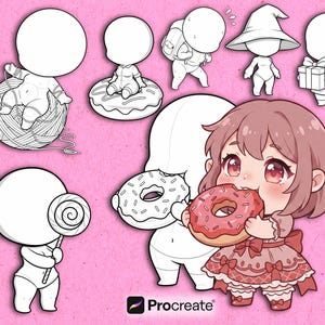 Pode incluir: Ilustra&ccedil;&atilde;o digital com v&aacute;rios personagens chibi em v&aacute;rias poses, incluindo um comendo um donut. Os personagens est&atilde;o em um fundo rosa. O logotipo Procreate &eacute; vis&iacute;vel no canto inferior direito.