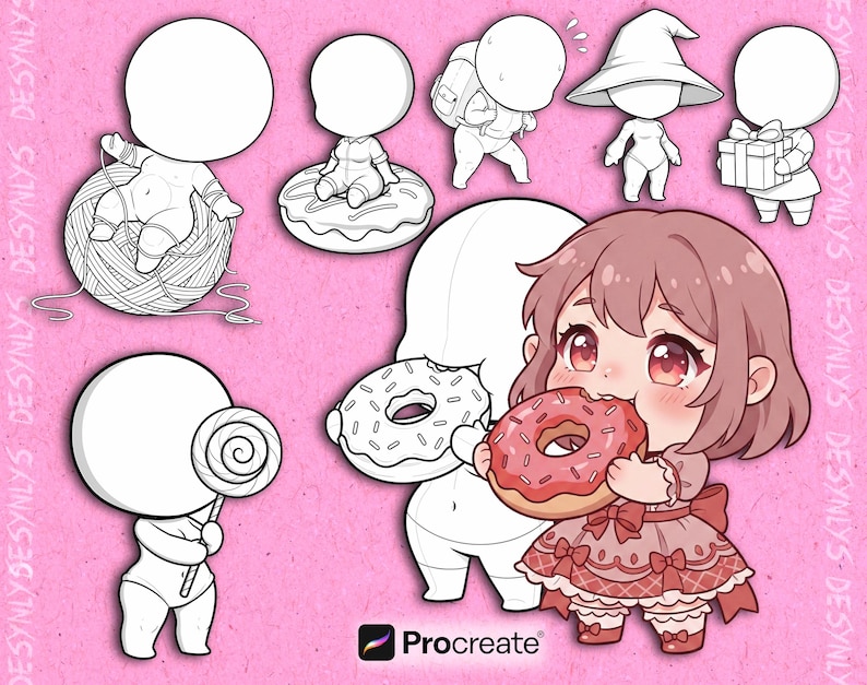 Pode incluir: Ilustra&ccedil;&atilde;o digital com v&aacute;rios personagens chibi em v&aacute;rias poses, incluindo um comendo um donut. Os personagens est&atilde;o em um fundo rosa. O logotipo Procreate &eacute; vis&iacute;vel no canto inferior direito.