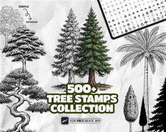 500+ Baum Briefmarken für Procreate | Wald & Natur Set Realistisch + Silhouette Bäume