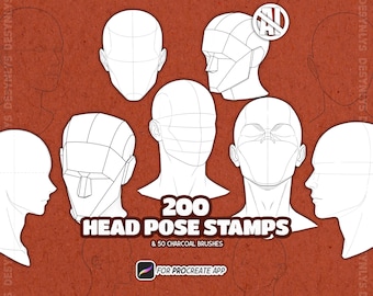 May include: A digital collection of 200 head pose stamps and 50 charcoal brushes for the Procreate app, featuring various black and white line art illustrations of human head angles and facial construction guides on a textured brown background.