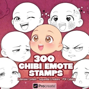 Op de afbeelding: Een digitale kunstafbeelding met zeven gezichten in chibi-stijl met verschillende uitdrukkingen, waaronder vreugde, woede en verdriet. De afbeelding bevat de tekst "300 CHIBI EMOTE STAMPS" en "Extensive Content - Sequential Emotions - PDF Catalog."