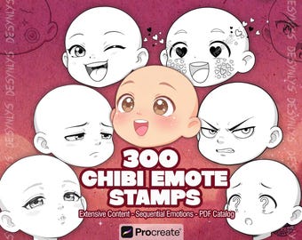 300 Carimbos de Emotes Chibi para Procreate - Pacote de Expressões de Anime