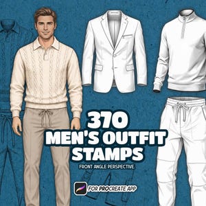 Puede incluir: Una colección digital de 370 sellos de atuendos para la aplicación Procreate, con ilustraciones de una persona con polo de punto trenzado y pantalones, un blazer blanco, un suéter blanco con cremallera y pantalones de chándal blancos.