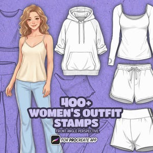 May include: A digital illustration set titled 400+ WOMEN'S OUTFIT STAMPS FRONT ANGLE PERSPECTIVE FOR PROCREATE APP featuring a central character in a beige camisole and light blue pants, surrounded by various white clothing items including a hoodie.