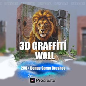 Puede incluir: Imagen digital de un león pintado en una pared de ladrillos, con el texto "3D GRAFFITI WALL". La imagen también incluye "200+ Bonus Spray Brushes" y el logotipo de Procreate, para arte digital.