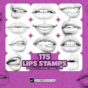 May include: A digital collection of 175 lip stamps for the Procreate app, featuring various black and white line art illustrations of lips in different expressions, poses, and drawing styles set against a vibrant purple background.