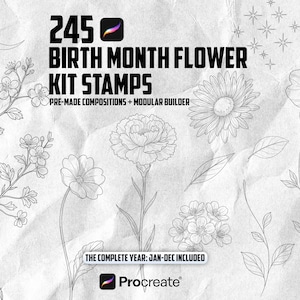 May include: Black and white line art of various flowers and leaves. Text reads "245 BIRTH MONTH FLOWER KIT STAMPS" and "PRE-MADE COMPOSITIONS + MODULAR BUILDER". The text "THE COMPLETE YEAR: JAN-DEC INCLUDED" is also present. The Procreate logo is visible.
