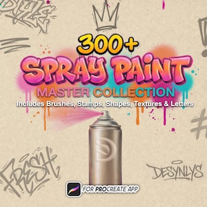 Op de afbeelding: Een digitaal productomslag voor de 300+ Spray Paint Master Collection voor de Procreate-app, met een metalen spuitbus, kleurrijke graffiti-stijl tekst en diverse handgetekende schetsen op een lichtbruine achtergrond van een spiraalblok.