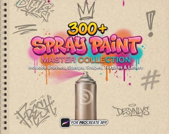 May include: A digital product cover for the 300+ Spray Paint Master Collection for Procreate App, featuring a metallic spray paint can, colorful graffiti-style text, and various hand-drawn sketches on a light tan spiral-bound sketchbook background.