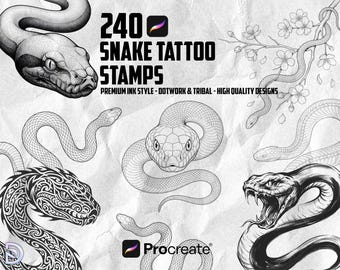 240 Desenhos de Tatuagem de Cobra para Procreate | Pacote de Flash com Desenhos Florais, de Cobra, de Caveira e de Linhas