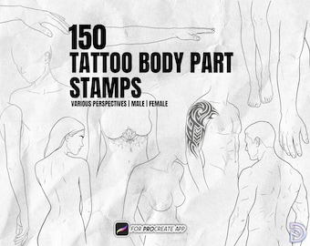 150 stempli Procreate Tattoo Body Parts Stamps – Szablony – Przewodnik po umiejscowieniu tatuaży męskich i żeńskich